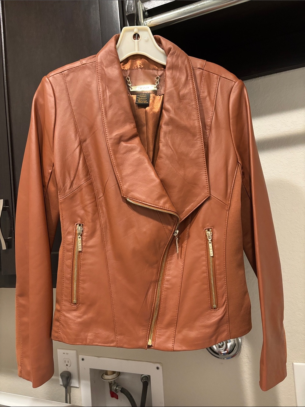 IMAN Cognac Faux Leather Moto Jacket with Gold Zippers